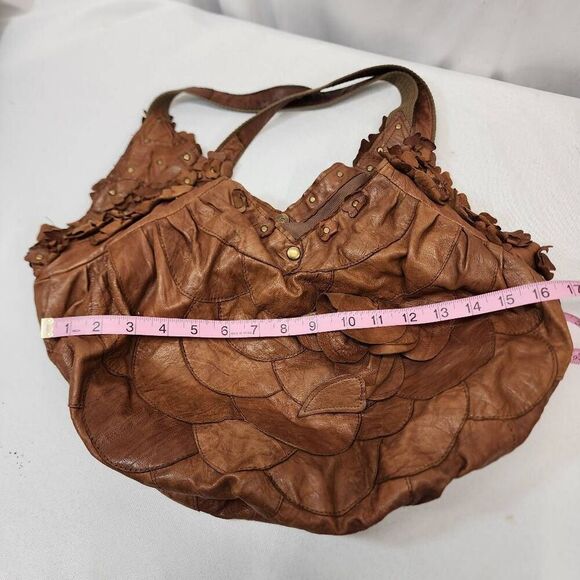 Women's Soft Brown Leather Hobo Floral Appliqué Shoulder Handbag - Picture 9 of 12